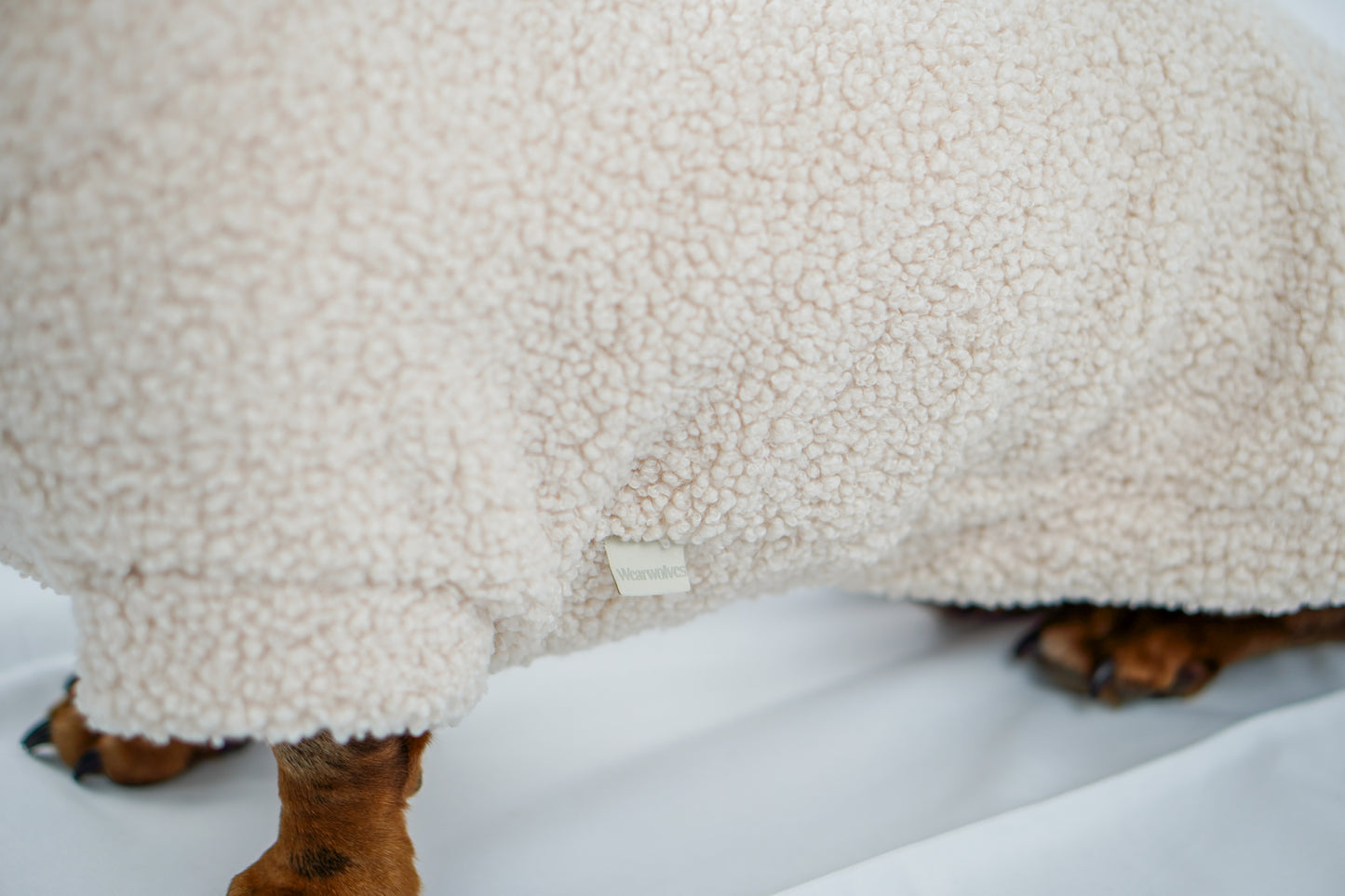 Handgemachter Dackelpullover aus Teddy Fleece in cremebeige